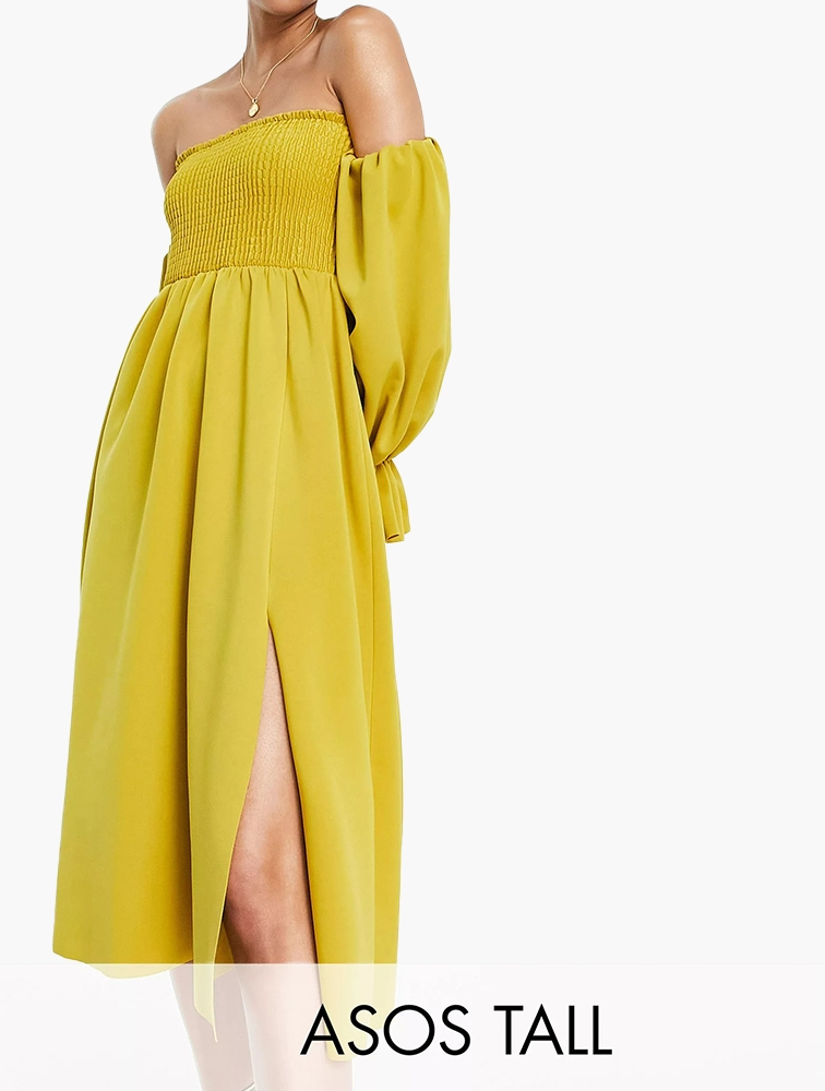 Shop ASOS Yellow Shirred Bardot Blouson Sleeve Prom Midi Dress for